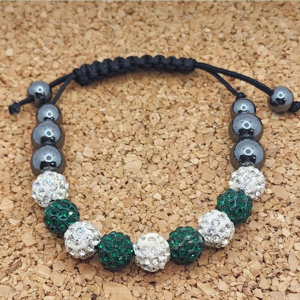5/$21 ❤️ GREEN AND WHITE CZ BALL CHARM BRACELET ON BLACK ADJUSTABLE BRACELETS